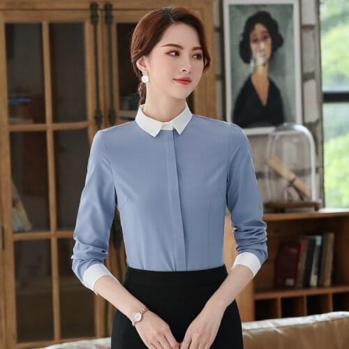 IZICFLY New Autumn Spring Gray Shirt Work Wear Korean Fashion Patchwork Slim Office Uniform Business Blouse Women Tops Plus Size
