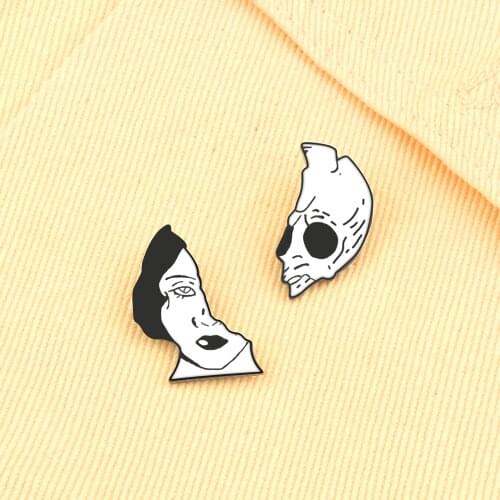 Cool Gothic Half Beauty Half Demon Enamel Pin Death Lover Skull Brooches Jewelry Punk Badge Gift For Friends Clothes Lapel Pins