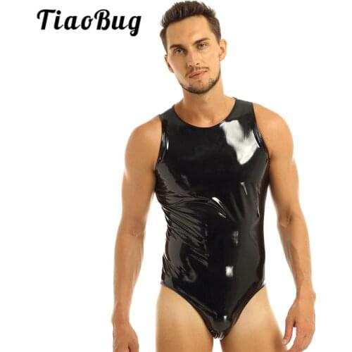 Men Black Wetlook Patent Leather One-piece Sleeveless Gym Leotard Back Zipper Swimwear Male Sexy Bodysuit Swimsuit Underwear