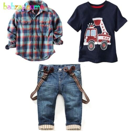 3PCS/2-7Years/Spring Autumn Kids Fashion Boys Suit Toddler Clothes Casual Plaid Shirt+T-shirt+Jeans Children Clothing Set BC1350