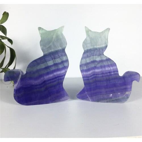Natural Fluorite Quartz Cute Cat Carving Healing Crystal Figurines Reiki Stones Decoration Gemstone Gift