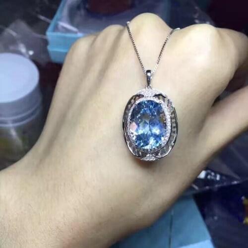 Natural big blue topaz pendant S925 silver Natural gemstone Pendant Necklace Retro Elegant round Hollow women party fine jewelry