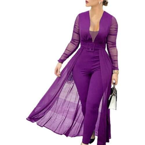Autumn Jumpsuit for Women Deep V Neck Solid Color Skinny Playsuit Long Sleeve Sheer Patchwork Waist Tight Belt Overall Plus Size