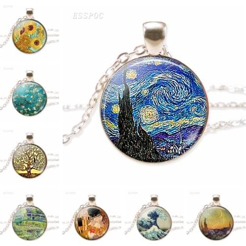 Van Gogh Monet Klimts Paintings Necklace Art Picture Print Glass Pendants Silver Color Chain Necklace Fashion Jewelry for Women