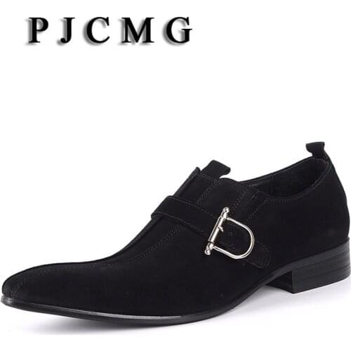 PJCMG Fashion Men Dress Suede Genuine Leather Buckle Strap Pointed Toe Black/Brwon Men Casual Wedding Business Shoes