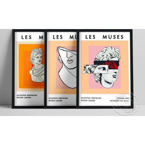 Les Muses Poster, Greek God Bust Statue Wall Art, Color Abstract Greek Statue Still Life Wall Painting, Living Room Home Decor