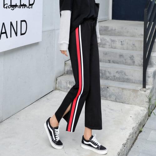 Casual Pants Women Ankle-length Side Striped Side-slit Broad-legged-pants Womens Korean Style Teens Trendy Loose Slim All-match
