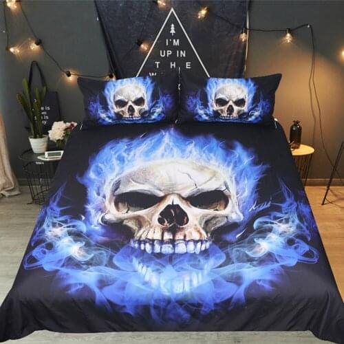 Drop shipping Boys Bedding Sets Digital Printing Skull Bedding Set Duvet Cover Queen King 3D Printed Skull flame Blue Fire