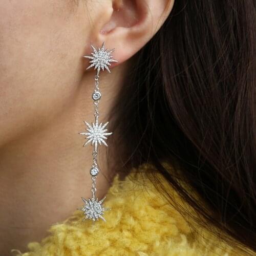 Luxury Clear CZ Crystal Starburst Dazzling Long Earrings Classic Party Earring star northstar charming cz dangle earring jewelry