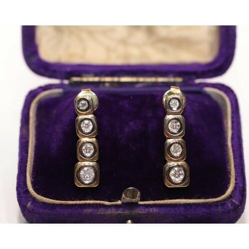 OLD ORIGINAL VINTAGE 18K GOLD NATURAL DIAMOND DECORATED PRETTY EARRING