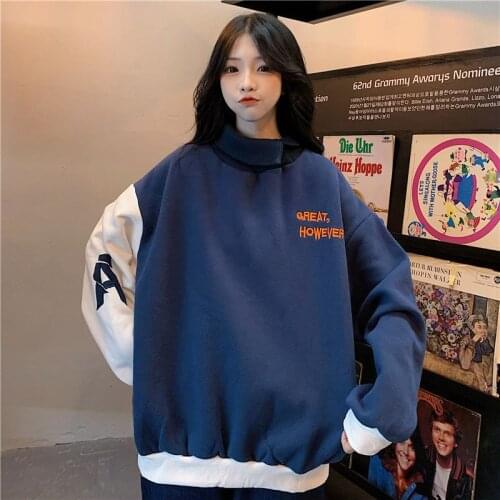 Turtleneck Sweatshirt Women Spring-Autumn Preppy Style Embroidery Thick Tops Female Korean Trendy Loose Stitching Long-sleeved