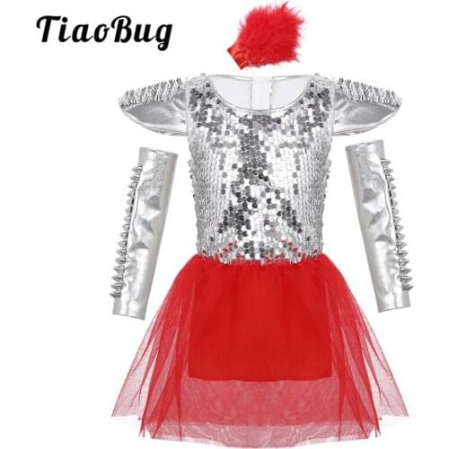 TiaoBug Kids Girls Modern Stage Performance Hip Hop Jazz Dance Costume Set Children Shiny Sequins Red Mesh Tutu Dance Dress Set