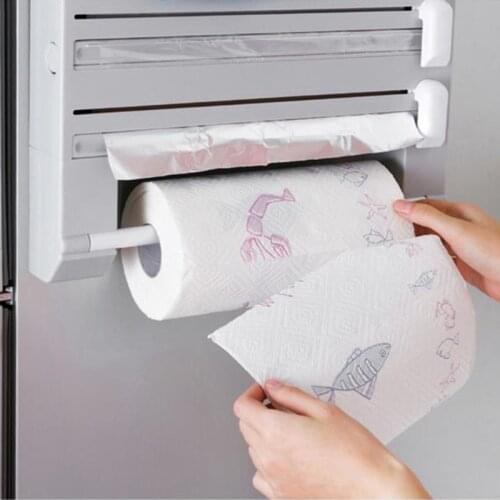 Bathroom Kitchen Storage Rack Multifunctional Tin Foil Cling Film Cutter Storage Holder Rack Paper Towel Garbage Bag Wall Rack