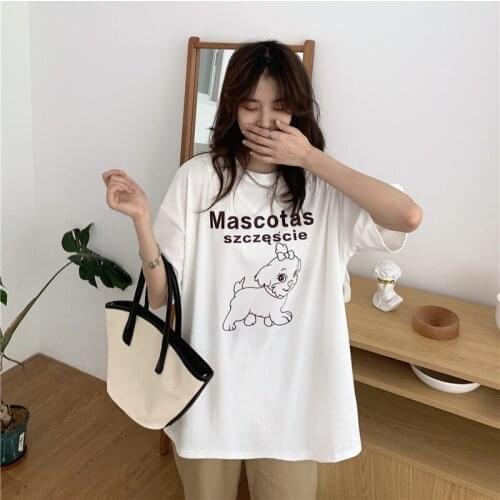 Cotton 2021 Summer Short-sleeved T-shirt Womens Shirt Printing Loose Mid-length Graphic Tees Harajuku T Shirt Women