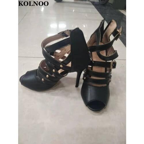 KOLNOO Handmade Womens High Heels Sandals Hot-Sale Real Photos Summer Peep-Toe Faux-Leather Fashion Evening Party Prom Shoes