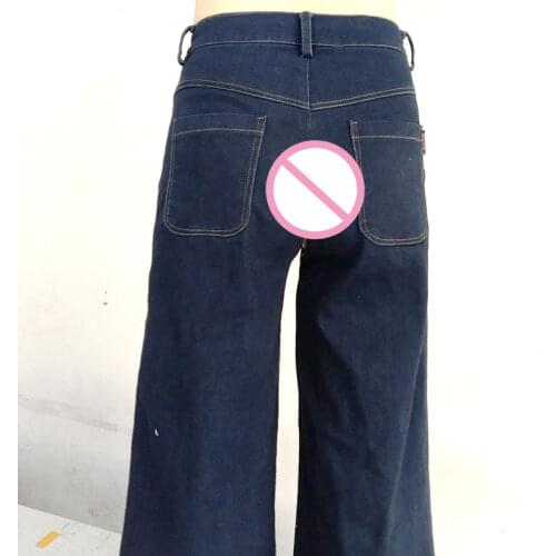 Women Sexy Zipper Open Crotch Fashion Jeans Vintage Wide Leg Jeans Loose Water Washed High Waist Thin Denim Pants Plus Size F89