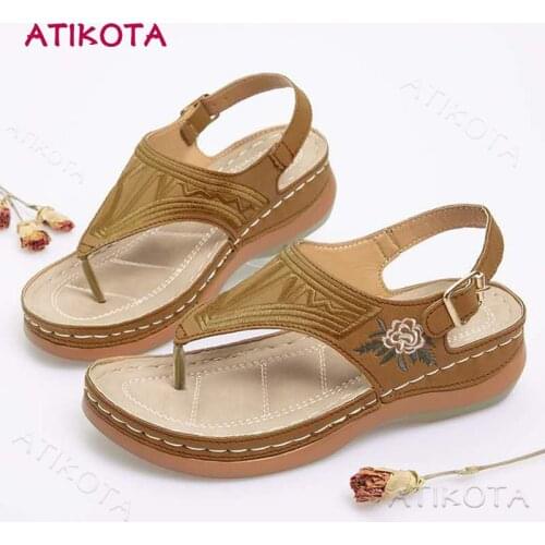 Atikota Women Sandals Summer Flip Flops Fashion Flower Causal Wedges Embroidery Women Beach Open Toe Ladies Plus Size Sandals