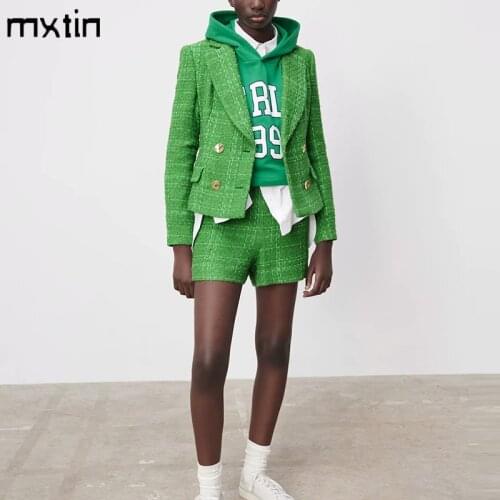 MXTIN 2021 Women Vintage Solid Plaid Loose Casual Tweed Shorts Summer Fashion Slim Zipper Preppy Style Elegant Pants Vestidos