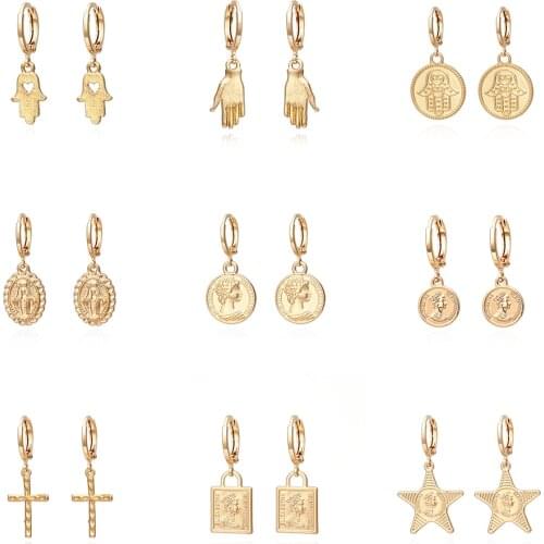 Gold Color Carved Portrait Queen Coin Drop Earrings for Women Vintage Hand Star Cross Dangle Earrings Female Jewelry Brincos