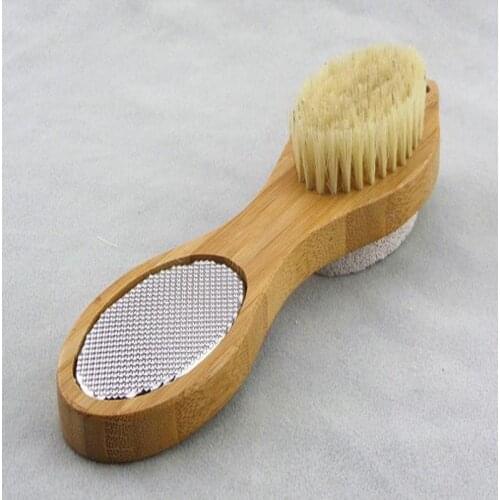 4-in-1 Multi-Use Foot Care Brush Pumice Metal File Scrubber with Wooden Handle Exfoliator Dead Skin Callus Remover