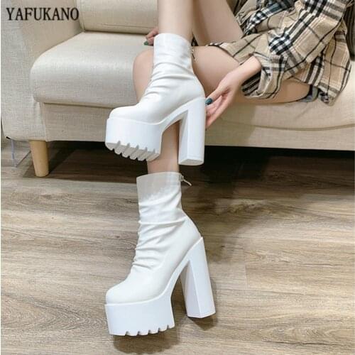 15Cm Super High Heels Martin Boots 2020 New Square Heel Platform Women Ankle Boots Sexy White Pleated Back Zipper Short Boots