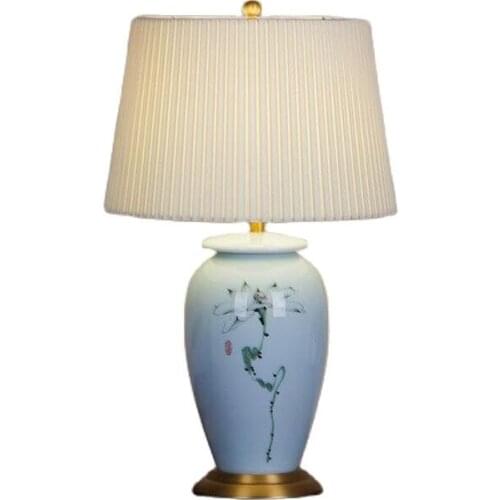 High End Elegant Blue Hand Painted Lotus Chinese Ceramic Led E27 Table Lamp for Wedding Home Decor Living Room H 62cm 1627