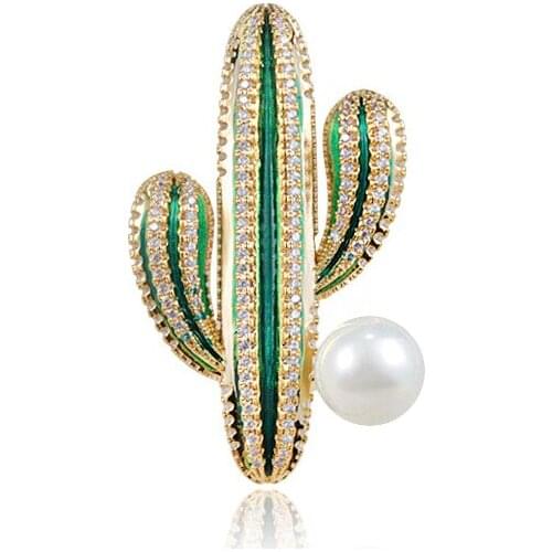 LADYCHIC Creative Gold Color Cactus Micro Paved Zircon Brooches Pins Fashion Personalised Green Plants Brooch Accessories LH1030