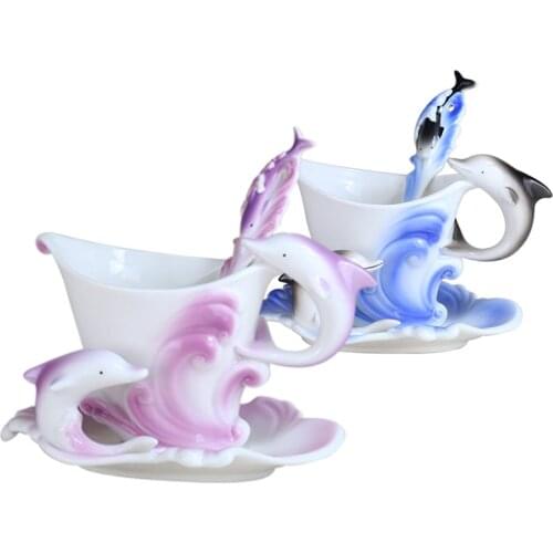 Best Elegant Colored Ceramic Dolphins Enamel Coffee Mug Porcelain Suit Tea Water Dinkware Cup Mug And Saucer With Spoon Set