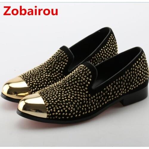Zobairou sapato social luxury rhinestone mens shoes black red wedding formal shoes men genuine leather loafers shoe lasts