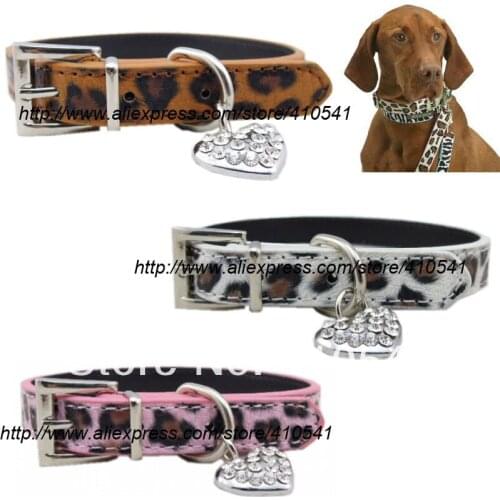 New Arrival Free Shipping Pet Product Leopard Print PU Leather Collar Personalized Pet Dog Collar Heart Rhinestone Pet Collars