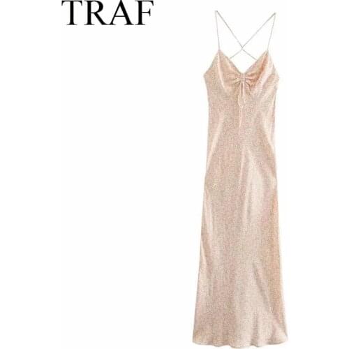 TRAF Womens Clothig Dresses Chic Floral Print Backless Sleeveless Mid-Calf Dress Woman Elegant Vintage Spaghetti Strap Sundress