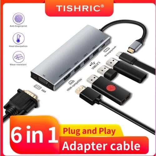 TISHRIC 6 IN 1 Type C Multi Splitter Adapter RJ45 100/1000M PD VGA USB 3.0 USB C HUB Dock for Macbook Pro/Air/Huawei Mate/Lenovo