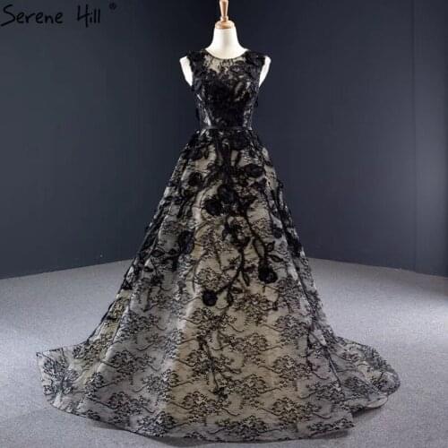 High Quality Black O-Neck Sexy Evening Dresses A-Line Sleeveless Lace Flowers Formal Dress 2020 Serene Hill HM67030