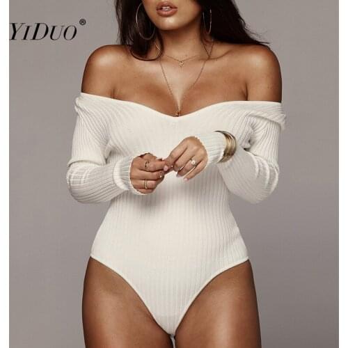 YiDuo Solid Black White Red Rib Knit Sexy Bodysuit Women V Neck Casual Slim Long Sleeve Bodycon Rompers Jumpsuit Streetwear 2021