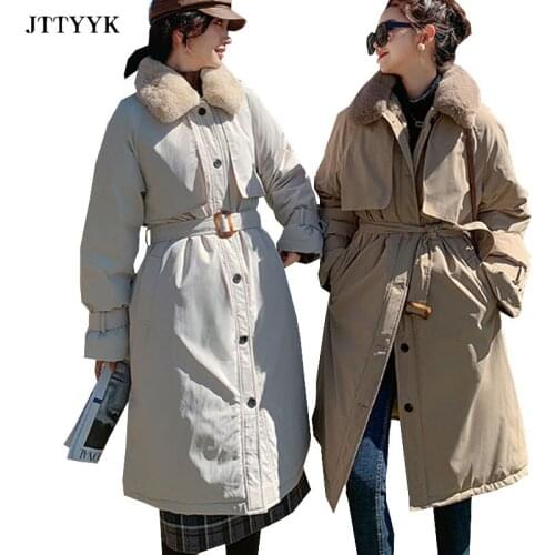 2021New Korean Fashion Winter Jacket Women Loose Stand-up Collar Wool Liner Warm Padded Coat Parkas Plus Size Clothing With belt