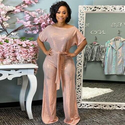 Laser Sequins Sexy Wide Leg Jumpsuit Women Shoulder Slope Sashes Plus Size Rompers Elegant Short Sleeve Loose Ladies Jumpsuits