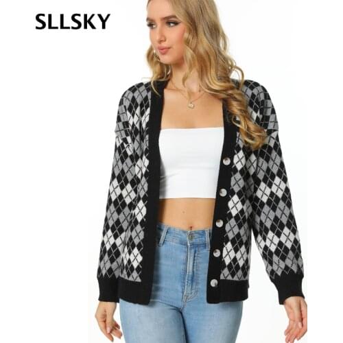SLLSKY Fashion Y2K Plaid Printted Cardigans Women Sweater Autumn New Knitted Single Breasted Sweater Ladies Loose Sweater