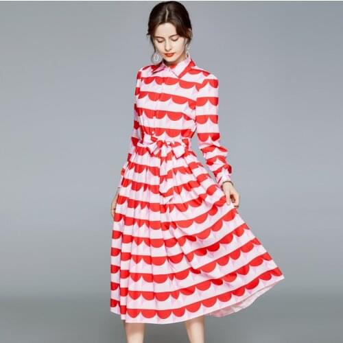 2021 New Summer Turn-Down Collar Long Sleeve Geometric Pattern Striped Printed Party Dress Women Fashion Banquet Long Dress