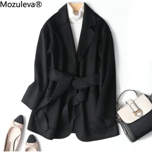 Mozuleva Black Color with Belt High Quality Double Sided Cashmere Coat Korean Simple Soft Style Woolen Womens Coat for Winter