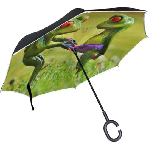 Drop Shipping Windproof Reverse Umbrella Frog Double Layer Inverted Umbrella Self Stand Rain Sun Protection C-Hook For Women
