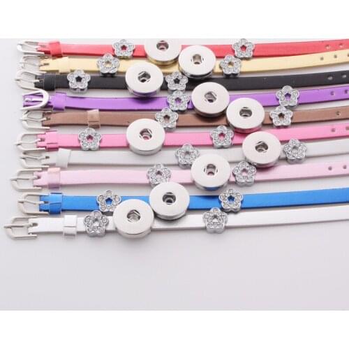 12pcs/lot Interchangeable Snap Jewelry Rhinestone Charm 18mm Metal Button 10 colors Pu Leather Snap Button Bracelets Bangles