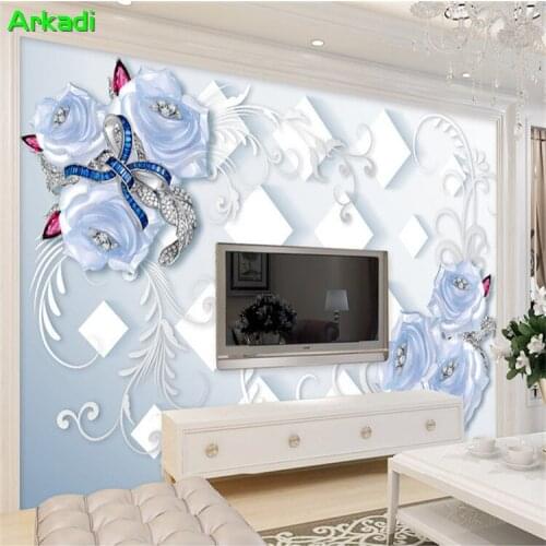 3D blue rose floral jewelry background wallpaper living room TV background wall painting European 5d stereo wall cloth