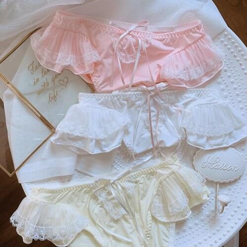 French Court Cute Milk Silk Romantic Lace Flappy Womens Briefs Lolita Girl Underwear