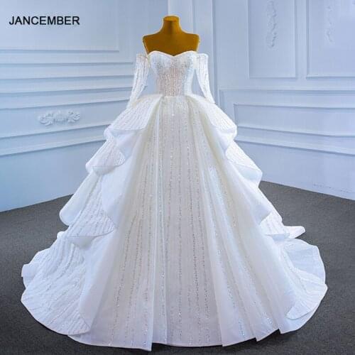 J67241 White Wedding Dress 2021 Pearls Sexy Deep V-Neck Long Sleeve Lace Up Back Beading Sequined Appliques