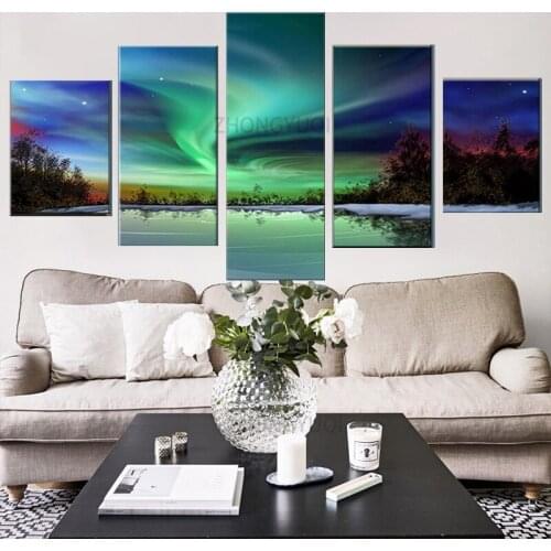 Living Room Printed Pictures Home Decor Canvas 5 Panel Green Aurora Tableau View Modern HD Framework Painting Poster Wall Art