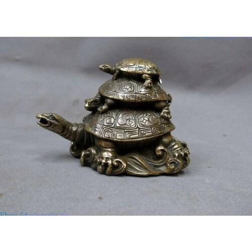 China brass sculpture carved copper Feng Shui longevity three Turtle Statue