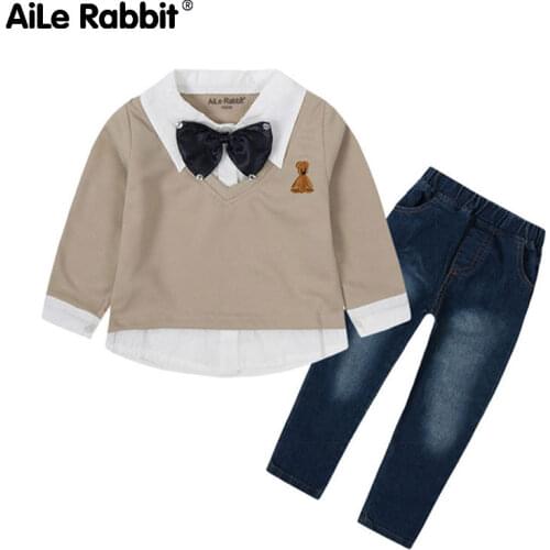2019 Boys Clothes Set Bow Tie Long Sleeve Top Jeans 2 Piece Set Childrens clothes for boys cartoon bear pattern fashion