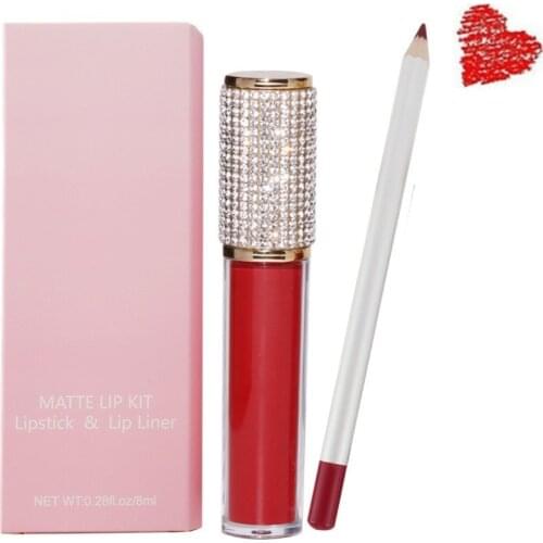 10 Sets Lip Kit Private Label Matte Liquid Lipstick Lip Liner Set Diamond Tube Lipgloss Pink Packaging Box Custom Logo Makeup