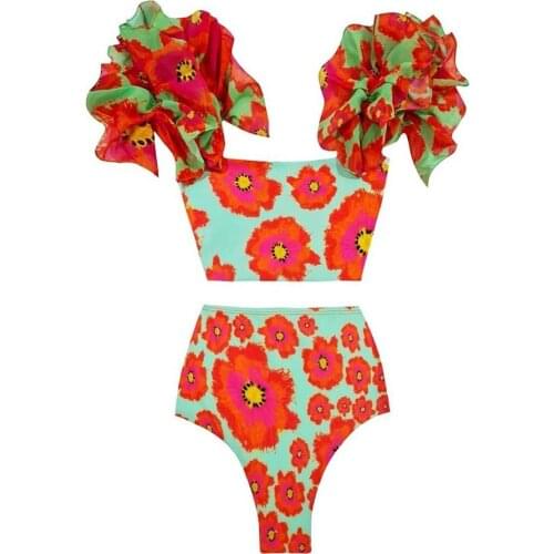 2021 New Sexy Ruffle Bikini Set High Waist Print Floral Swimsuit Strappy Swimwear Women Bathing Suit Summer Beach Wear biquini