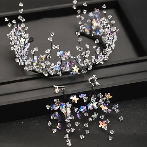 Trendy Stars Crystal Headbands Wedding Tiara And Crowns With Earrings Sets Black Wire Hairbands Bridal Hair Accessories